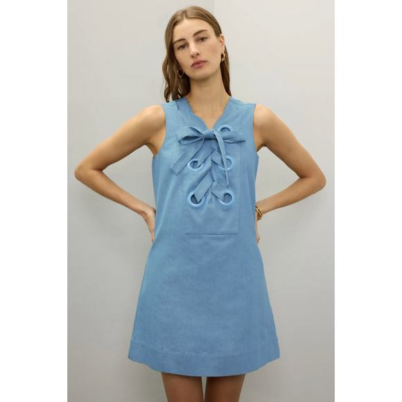 English Factory Denim Lace Up Mini Dress Blue Shift Sleeveless Chambray Sz S - Picture 2 of 10